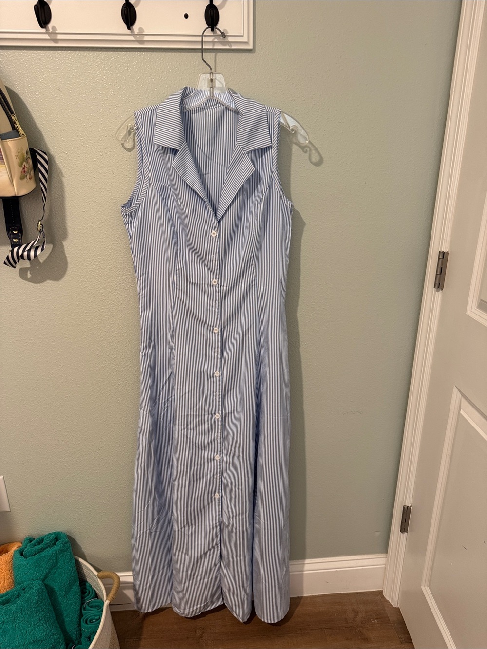 Sleeveless Blue Pinstripe Button-Front Maxi Dress